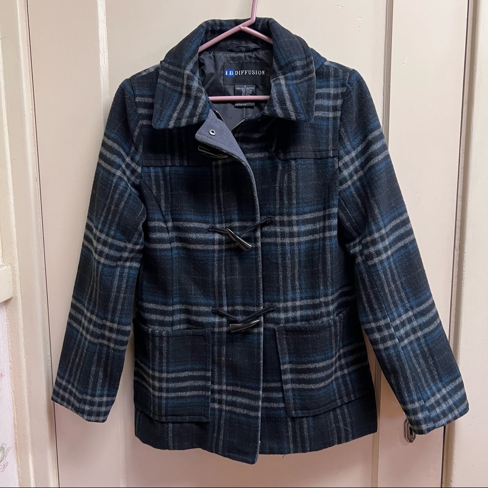 IB Diffusion Womens Zipper coat with hood gray blue plaid faux horn buttons S